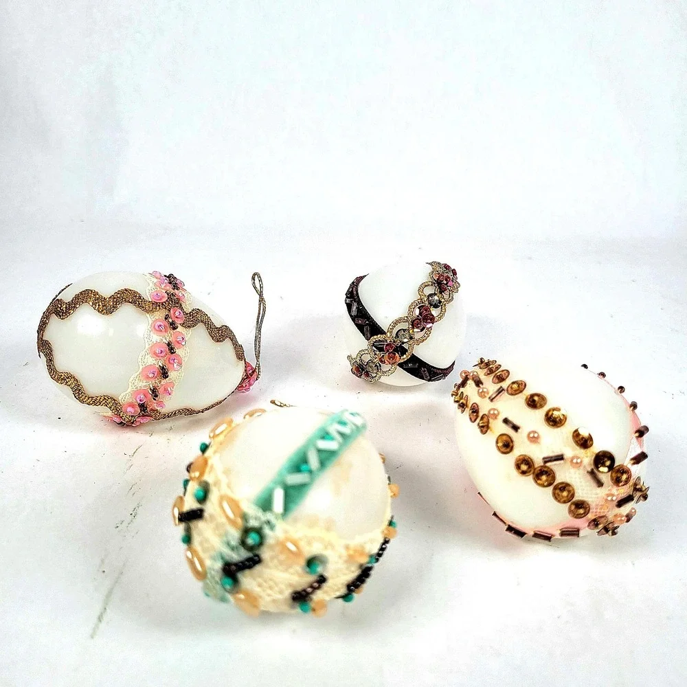 Vintage Glass Beaded Eggs Ornaments Set of 4 Embellished‎ Handcrafted Pink Green
